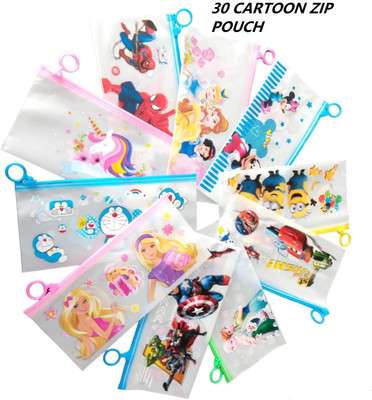 Tiny Tales 30pc Stationery Zip Pouch For Pen Pencil & Multi Utility Pouches cartoon Art Plastic Pencil Box(Set of 1, Multicolor)