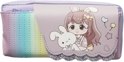 Tlismi Cute Doll Theme Gradient Colored Pencil Pouch with Two Layer Storage for Girls Cartoon Art Canvas Pencil Box(Set of 1, Purple)