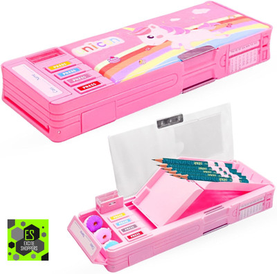 Excite Shoppers Quality Magnet Multi-functional Pencil Box / Pouch For Kids Unicorn Art Plastic Pencil Box(Set of 1, Pink)