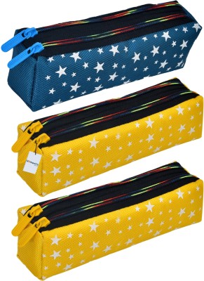 HOMESTIC Pencil Pouch Star Printed Art Artificial Leather Pencil Boxes(Set of 3, Yellow, Blue)