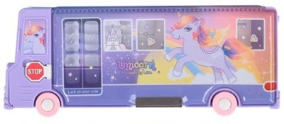Mannat Unicorn Train Shape Pencil Box with Unicorn Theme|Sturdy movable Wheel|Inbuilt sharpener Art Plastic Pencil Box(Set of 1, Blue)