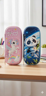 womaniyaa 3D Embossed Unicorn & Astronaut Box | Large Zipper Stationery Case Unicorn & Space Panda Hardtop Pencil Case Combo | Pack of 2 Large Capacity Art Artificial Leather Pencil Boxes(Set of 2, Blue, Pink)