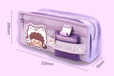 PLENYLOON Lucky Girl large holding capacity pouch kids, school & college students, with mini pocket Art Polyester Pencil Box(Set of 1, Purple)