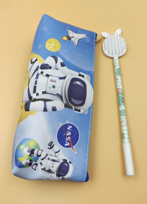 Paper Bear Astronaut Space Art Canvas Pencil Box(Set of 1, Blue)