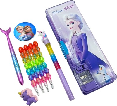 ZAYDANIC Frozen Pencil Box Magnetic Lock, Dual Compartments, Stationery School Kit, Disney Princess Pencil Case inbuild LED Light for Girls, Kids, Students Art Plastic Pencil Box(Set of 9, Purple)