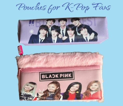 cheyenne Black Pink BTS Black Pink BTS K Pop Bands Art Polyester Pencil Boxes(Set of 2, Blue, Pink)
