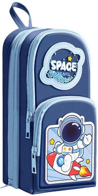 OMETER 3 Compartment with Zipper Pocket Pencil Pouch for Girl, Kids, School Student Rocket Astronaut Design Pencil Case Art Canvas Pencil Box(Set of 1, Blue)