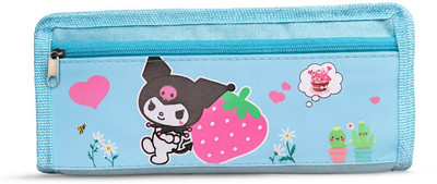 KRUJYAM Cute Kuromi Strawberry Blue Pencil Pouch | Dual Compartment Kuromi, Strawberry & Cactus Cartoon Print Art Polyester Pencil Box(Set of 1, Blue)