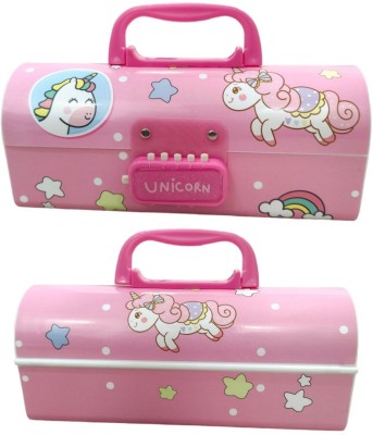 PEACORA Password - Cute UNICORN Double Layer Stationery BOX Organizer Art Plastic Pencil Box(Set of 1, Pink)