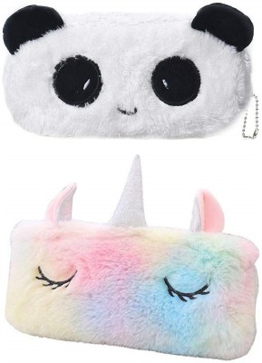 Mistazzo Panda and Unicorn Fur Soft Plush Pencil Box Pouch Makeup Bag For Girls Kids Panda, Unicorn Art Polyester Pencil Boxes(Set of 2, Pink, White)
