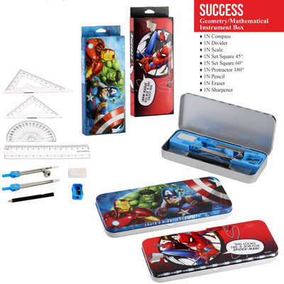 Mannat Character Printed Mathematical Drawing Instrument Geometry Box for students 10 Pieces(Pack of 1,Spider,Avenger) Art Metal Pencil Boxes(Set of 2, Multicolor)