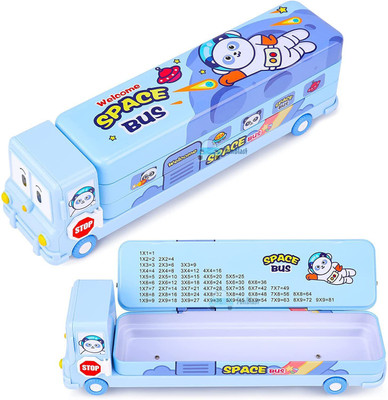 FunBlast Metal Pencil Box For Kids Bus With Moving Tyres & Sharpener For Kids Truck Geometry Box Art Metal Pencil Box(Set of 1, Blue)