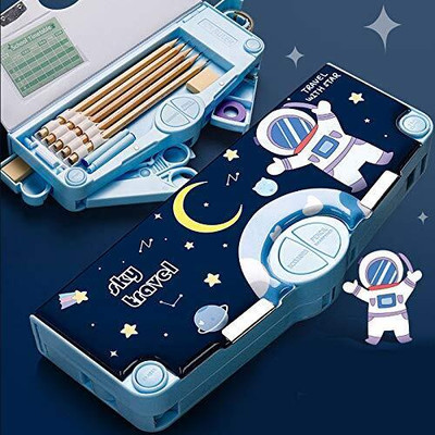 JOY MAKER HOT SELLING TRENDING HEAVY QUALITY MADE IDEAL FOR BOYS&GIRL STATIONERY ORGANIZER SPACEMAN ASTRONAUT THEME MULTI LAYER MULTIPLE BUTTONS PLASTIC COMPASS BOX Art EVA Pencil Box(Set of 1, Blue)