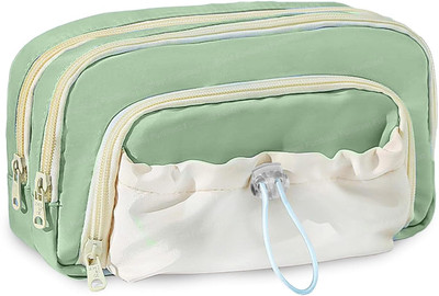 ZOLYPY Polyester Pencil Pouch for Boys,Girls-School College Students Pen Holder Pouches Multiple Compartment Zipper Pouch with Drawstring Pocket Return Gift for Kids Art Canvas Pencil Box(Set of 1, Green)