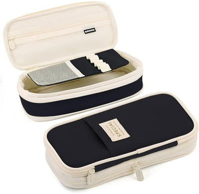 Devdhan Big Capacity Pencil Cases with Compartments Pencil Pouch 2 Compartment Pencil Case Stationary, Classes Imported Heavy Quality Pouch Art Polyester Pencil Box(Set of 1, Black)