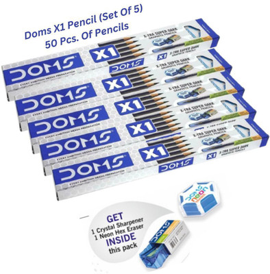 DOMS X1 Super Dark HB/2 Graphite Pencil With Free Eraser , Sharpener & Protection Cap Pencil(Set of 50, Blue)