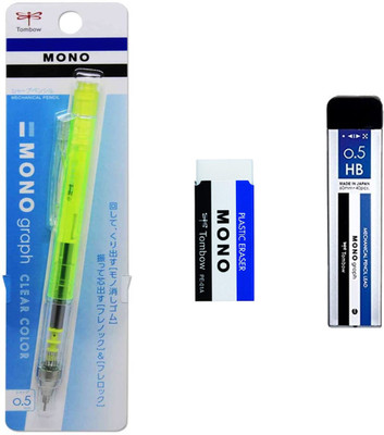 Tombow Mono graph mechanical pencil 0.5 with Lead hb pointer plasltic Erser Pencil(Set of 3, Clear Green)
