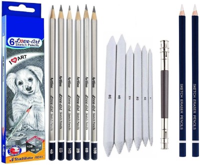Definite Artline 6pc Sketch/Drawing Pencils, Blending Stumps, Pencil Extender, 2pc Eraser Pencil(Multicolor)
