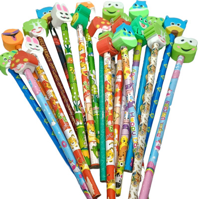 Citrine Cartoon Design Pencil With Replaceable Eraser On Top 2 In 1 For Kids and Gift Pencil(Set of 20, Multicolor)