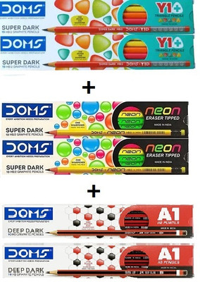 DOMS A1+Neon Eraser Tipped+Y1+ 10HB/2 Graphite Pencils Pencil(Set of 6, Multicolor)