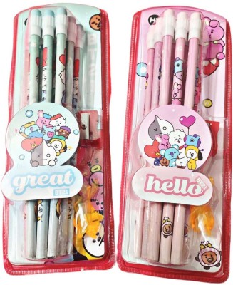 AAHANSHOPPE BTS THEME PENCIL SET 12 PENCILS ERASERS TOP 1 SHARPNER 1 PENCIL GRIP MULTICOLOUR Pencil(Multicolor)