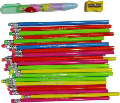 Posshe Flora Rubber Tip Super Dark 30 Pencil With 1 Push Eraser,1 Log Points Sharpner Pencil(Set of 30, Multicolor)