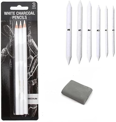 Qalam Kaari Shading Kit With White Charcoal Pencils,Blenders 6pc & Kneaded Eraser Sketching Pencil(Set of 3, White)