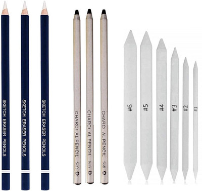 ART RANGER Art Soft Dark Charcoal Pencil with Eraser Pencils & Paper Stump for Charcoal Pencil(Set of 12, Black, Pack of 3 Charcoal Pencils, 3 Eraser Pencils & 6 Paper Stumps)