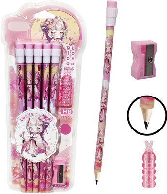 FunBlast Lotus Pencil with Sharpener and Eraser & Pencil Topper for Kids, Return Gifts Pencil(Set of 10, Pink)