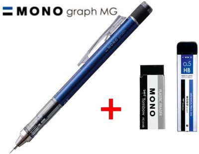 Tombow Mono Graph Mechanical Pencil 0.5mm, Blue (DPA-132D)+ 40 Leads + eraser black Pencil(Blue)