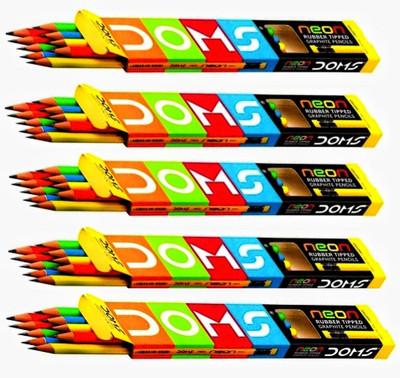DOMS Neon Rubber Tipped HB/2 Graphite Pencils (PACK OF 05 BOX) Pencil(Multicolor)