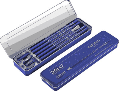 DOMS Superio Super Dark With Tin Box Pencil(Set of 10, Blue)