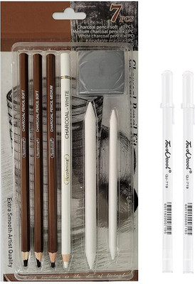 ART RANGER Black & White Charcoal Pencil Kit with Blending Stumps & Eraser Pencil(Set of 7, Black, For Artists Students Sketching Kit with 2 White Highlighter Gel Pen)