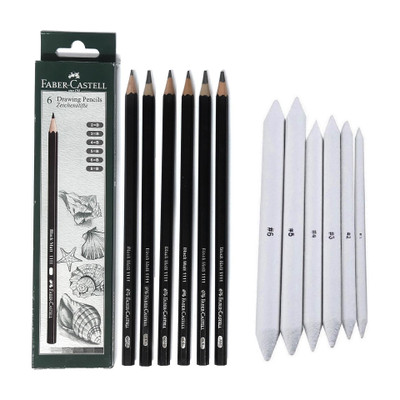 Definite Art FABER CASTELL Drawing Graded Pencils - 2B, 3B, 4B, 5B, 6B and 8B (Pack of 6) + Blending/Smudging Stumps Set of 6 (Size 1 to 6); Pre-Sharpened Pencil(Black)