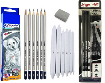 Definite ARTLINE Sketch Pencil + Blending Stumps + 3Pc Charcoal Pencil + Kneadable Eraser Pencil(Grey, Black and White)