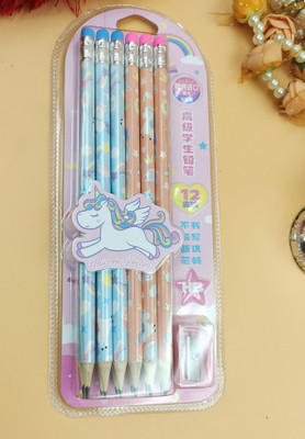 Paper Bear Set of 1 Unicorn HB Wooden Pencil with Top Eraser and Sharpener Pencil(Set of 13, Pink, Light Blue)
