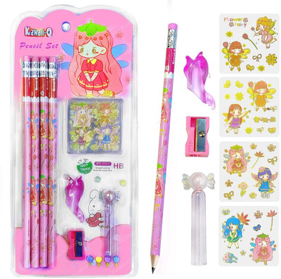 FunBlast Flower Fairy Pencil Set with 4 Kawaii Stickers and Sharpener, Drawing & Shading Pencil(Set of 8, Pink)