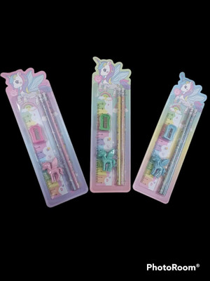 wingscreations Pack of 6 Cute Unicorn Theme 2 Pencil 1 Scale and 1 Sharpener 1 Erasers Pencil(Set of 6, Multicolor)
