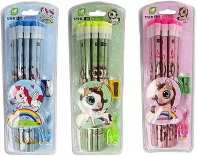 Teeshubh Unicorn 12 Pencil Set With Sharpener & Eraser Pencil(Set of 1, Multicolor)