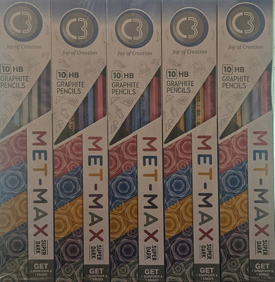DOMS C3 Met-Max HB Graphite pencil | Pack of 10 X 5 | Super Dark | 50 Pencil(Set of 5, Multicolor)