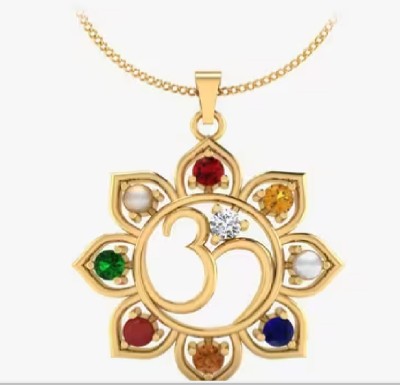 Ceylonmine01 OM Navratan Pendant for Men and Women, GemStone Vastu, Rashi Pendant Gold-plated Crystal Brass