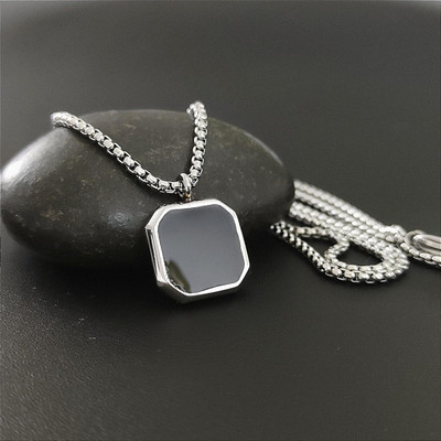 JS Enterprises Black Square Pendant for Men and Women, Stylish Partywear, Daily Wear Locket Silver Stainless Steel Pendant