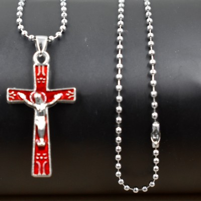 AFH Lord Jesus Holy Cross Red Religious Bead Chain Pendnet for Men and Women Metal Pendant
