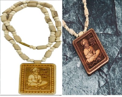 Green Spiritual Shri Bageshwar Dham Tulsi Kanthi Mala with Tulsi Hanuman ji Locket Combo Wood Pendant