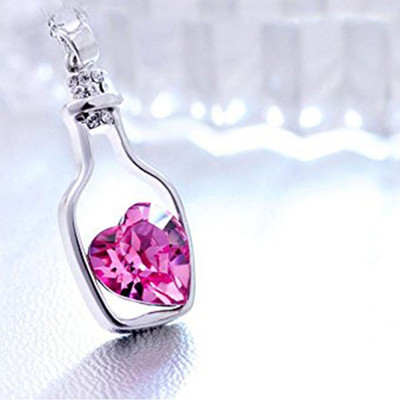 Riingzinee Creative Love Heart Pink Crystal Diamond Stone Love Drift Bottle Pendant Locket Stainless Steel Pendant