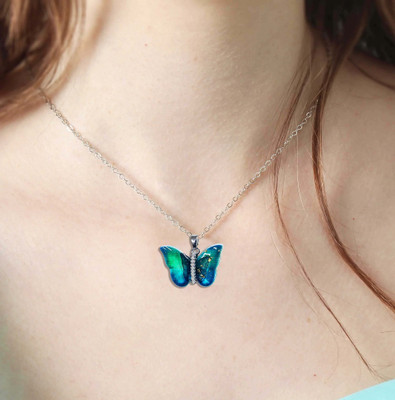 Adhvik Blue Colorful AD Nug Butterfly Wing Pendant Locket Necklace With Clavicle Chain Stainless Steel Pendant Set