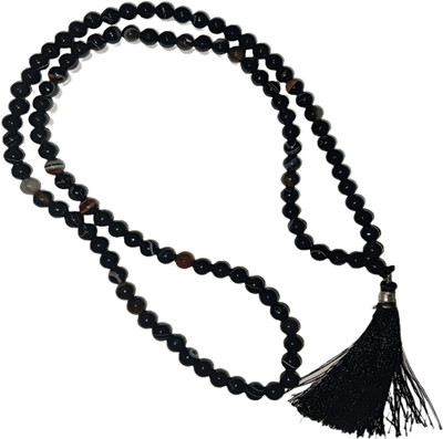 Navdurga Jyotish Kendra Natural Black Sulemani Hakik 108 +1 Beads Mala (6mm) Lab Certified Mala Agate Stone Necklace