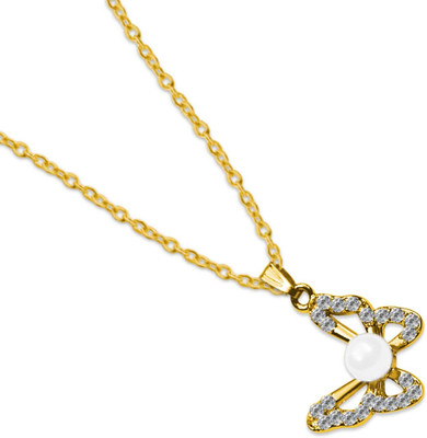 De-Ultimate Set Of 1 Elegant Anti-Tarnish Metal Pearl Studded Butterfly Charm Ad Locket Gold-plated Cubic Zirconia Stainless Steel Pendant