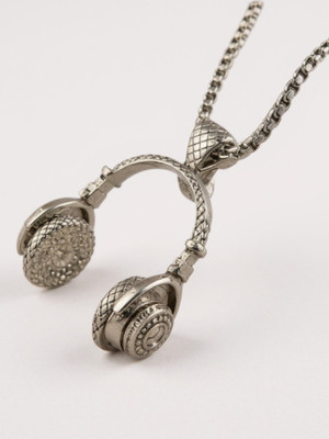 RAPPERSSHOP Music Headphone Pendant Stainless Steel Necklace with Box Chain Sterling Silver, Rhodium Stainless Steel Pendant Set