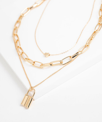 BMBE Triple Layer Pad Lock Chain for Girls & Women Gold Chain Heart locket with Lock Pendant Metal